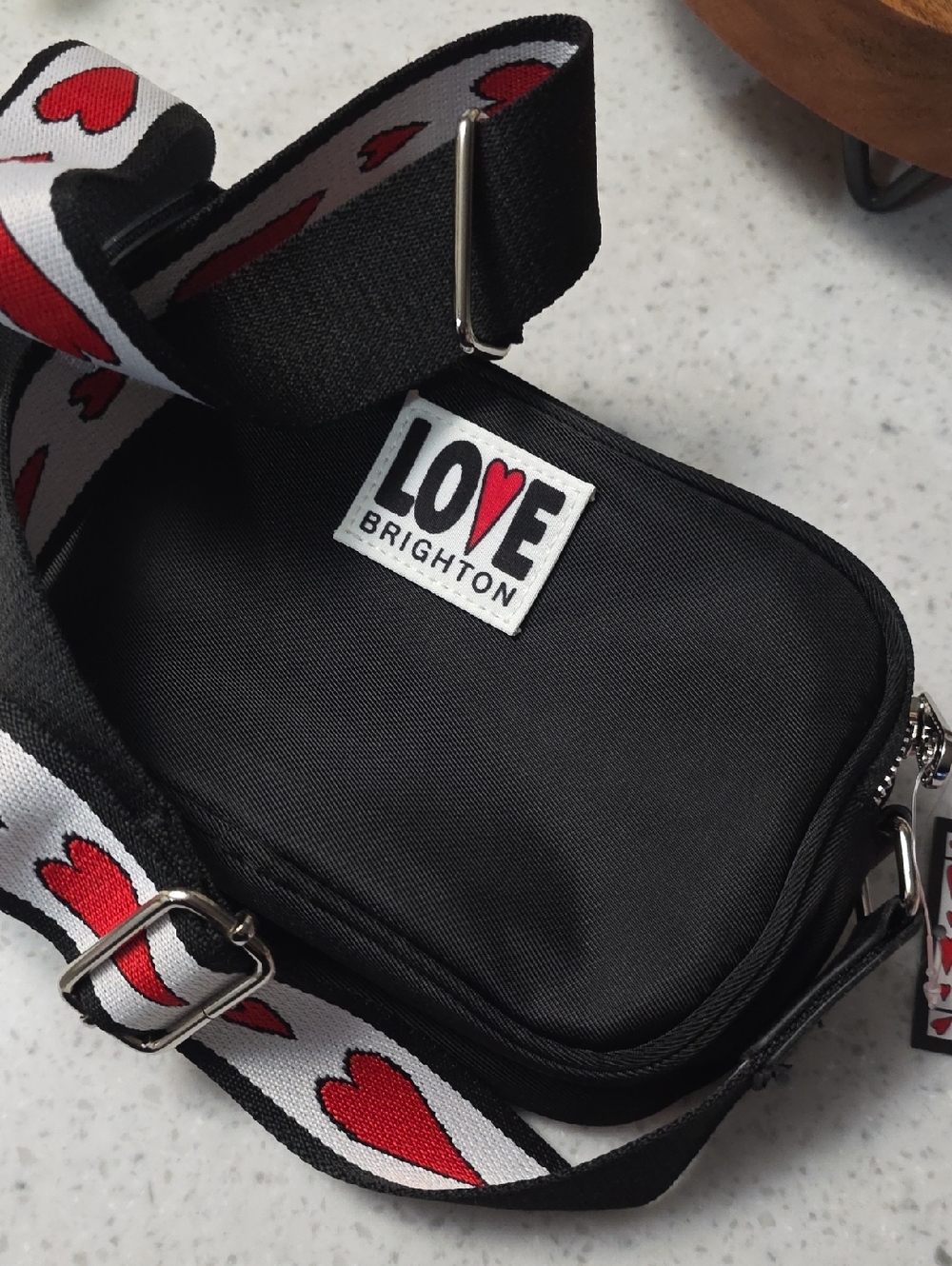 Brighton Black Crossbody with Red Heart Strap